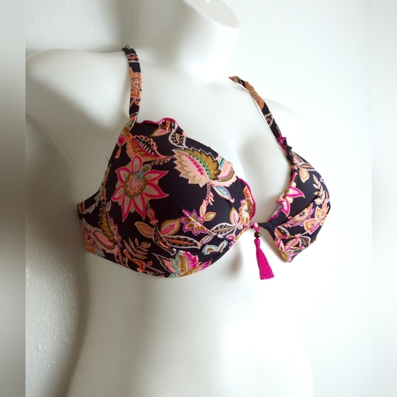 Share & Shore Navy Peach Floral Halter Bikini Top Size 36DD - Picture 3 of 10